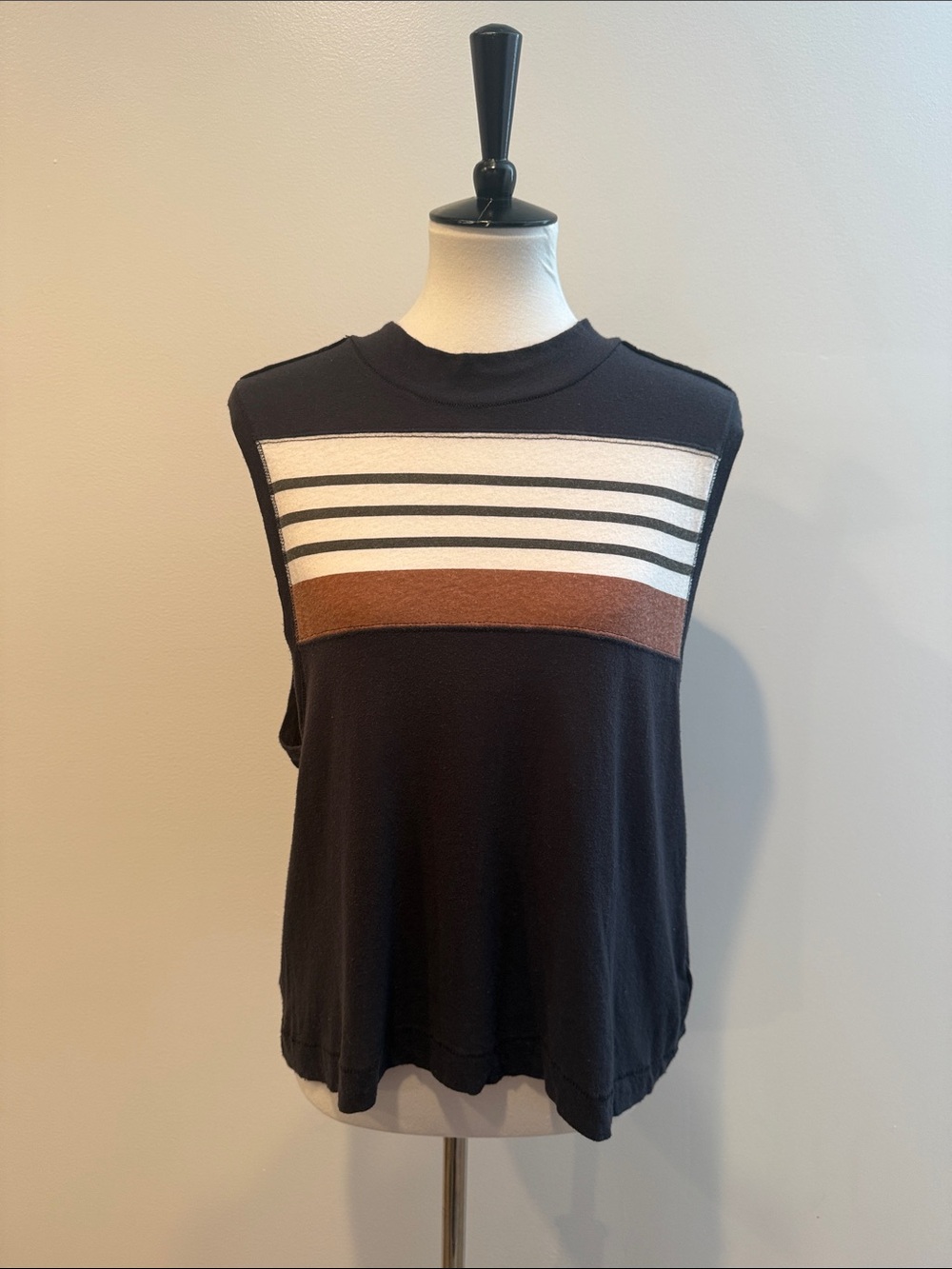 Free People Black Muscle Tank with Cream and Brown Stripes